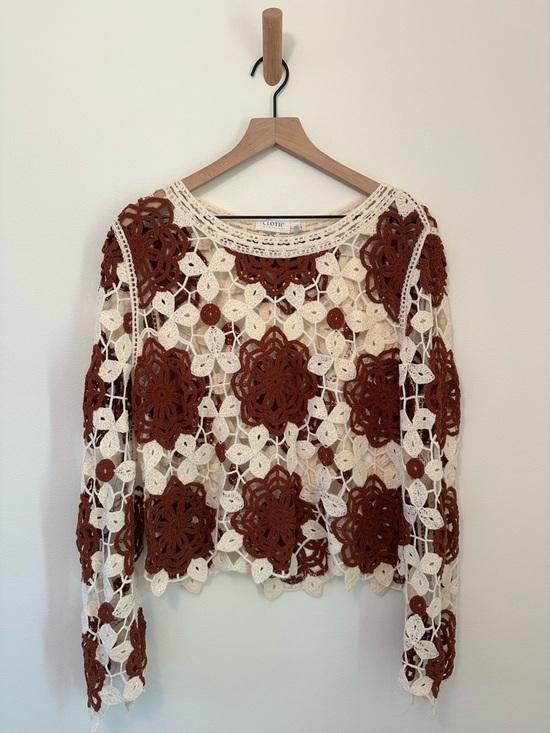 Cloth by Design Tops - Cloth by Design Crochet Floral Open Knit Brown and Ivory Cottagecore Blouse
